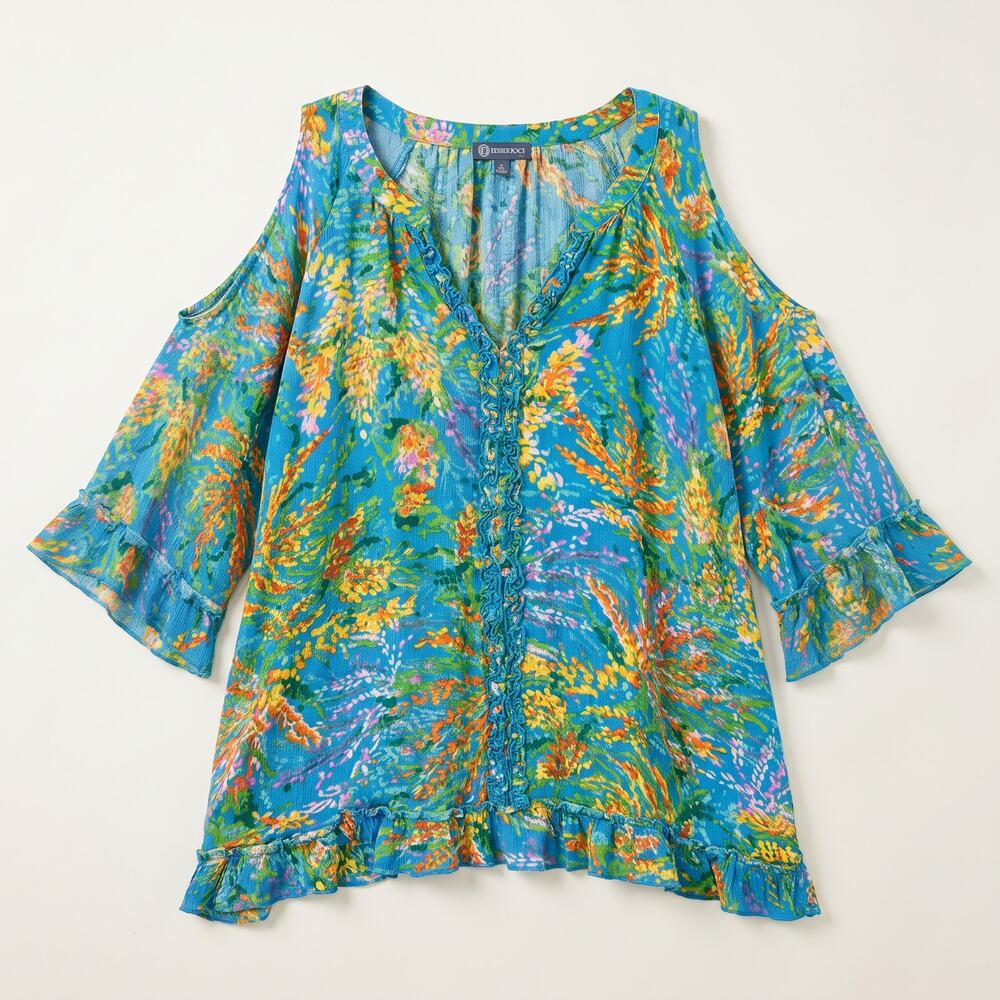 Democracy Womens XL Boho Resortwear Tropical Cold Shoulder Ruffle V-Neck Blouse